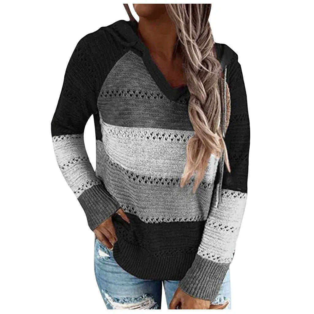 Pull Femme Grande Taille Col Capuche Manches Longues – Tricot Patchwork Crochet
