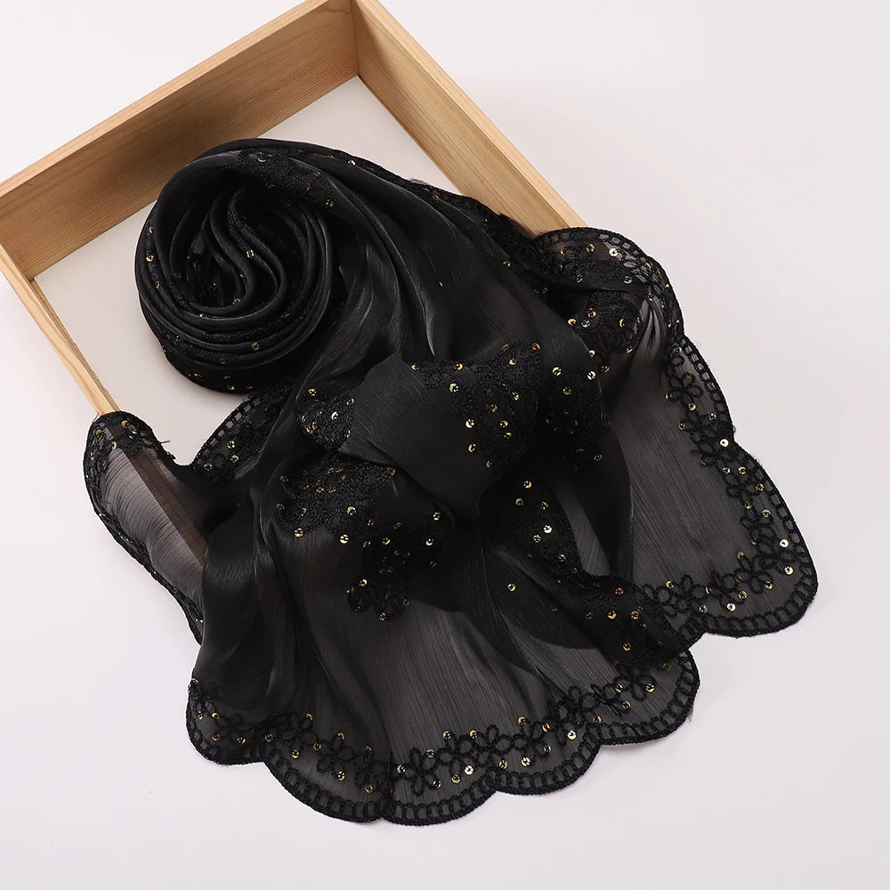 Hijab Paillettes Scintillantes Brodé – Châle Satin Brillant Femme, Foulard Mariage Ramadan 60x170cm