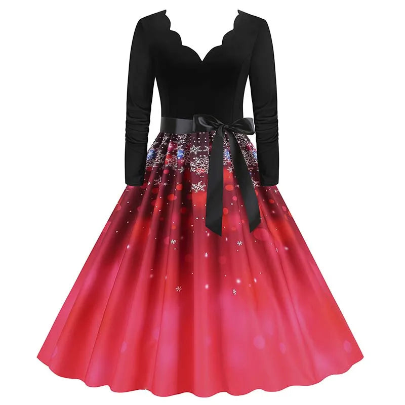Robe Femme Noël & Fêtes Manches Longues Col V – Style Vintage Ligne A