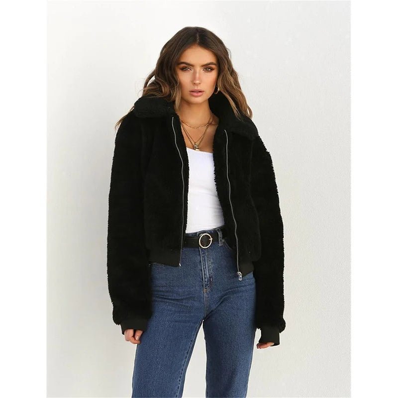 Autumn Winter Women's Teddy Bear Fleece Hoodie Fashion Solid Color Zipper Lapel Casual Loose Long Sleeve Warm Coat S-3XL