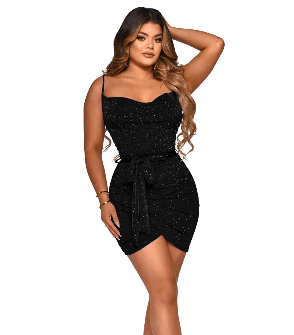 Mini Robe Bodycon Femme – Bretelles Spaghetti, Nœud & Drapé