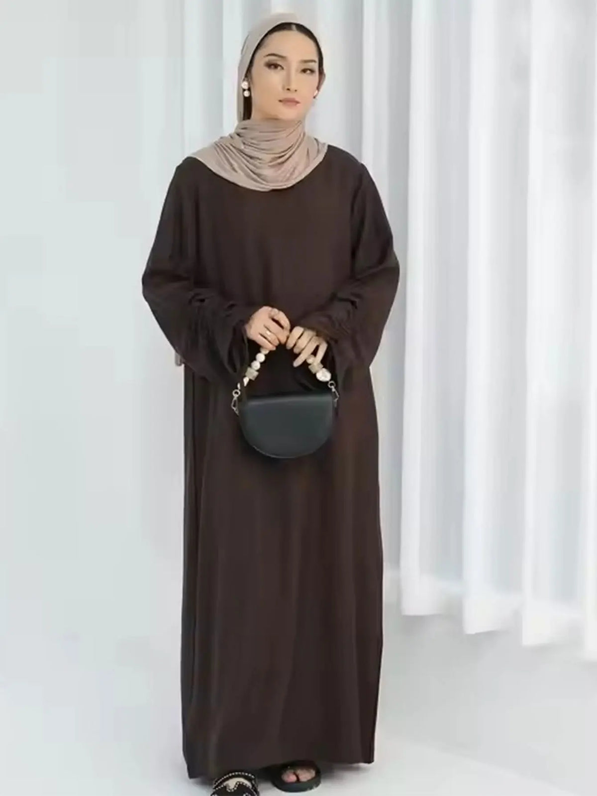 فستان عباية إسلامية نسائي – بأكمام برباط، قفطان طويل نمط رمضان العيد المحتشم مغربي دبي