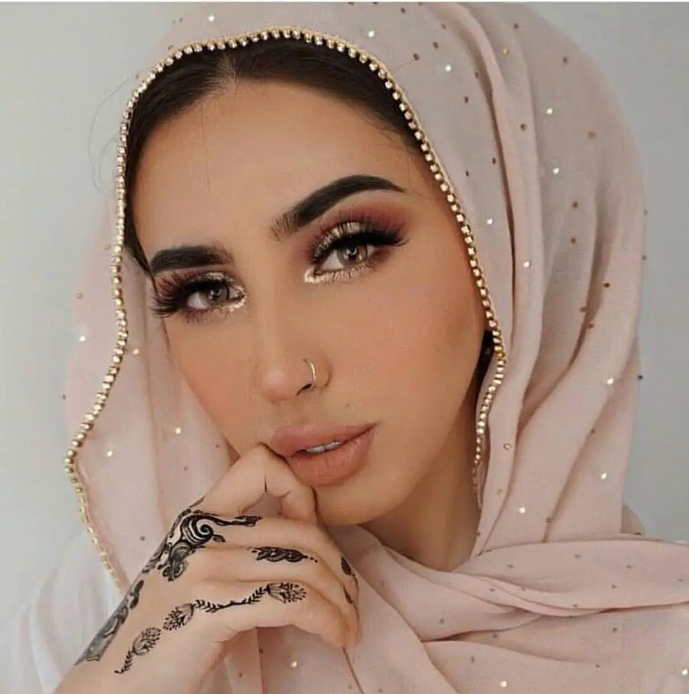 وشاح حجاب شيفون فاخر - شال طويل مزين بالخرز والأحجار الكريمة، حجاب نسائي بلون موحد