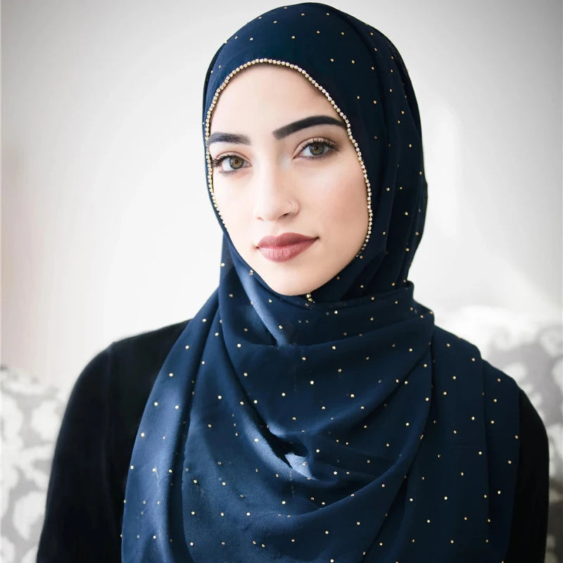 وشاح حجاب شيفون فاخر - شال طويل مزين بالخرز والأحجار الكريمة، حجاب نسائي بلون موحد