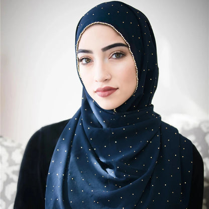 وشاح حجاب شيفون فاخر - شال طويل مزين بالخرز والأحجار الكريمة، حجاب نسائي بلون موحد