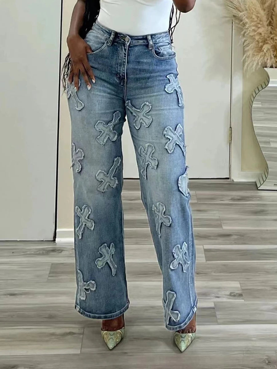 Jean Baggy Femme Taille Haute – Franges & Lacets Croix, Coupe Droite