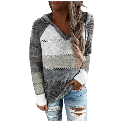 Pull Femme Grande Taille Col Capuche Manches Longues – Tricot Patchwork Crochet