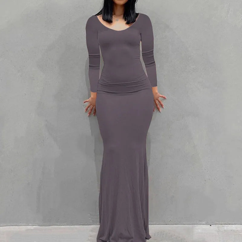 Robe Longue Moulante Femme – Col Rond & Manches Longues