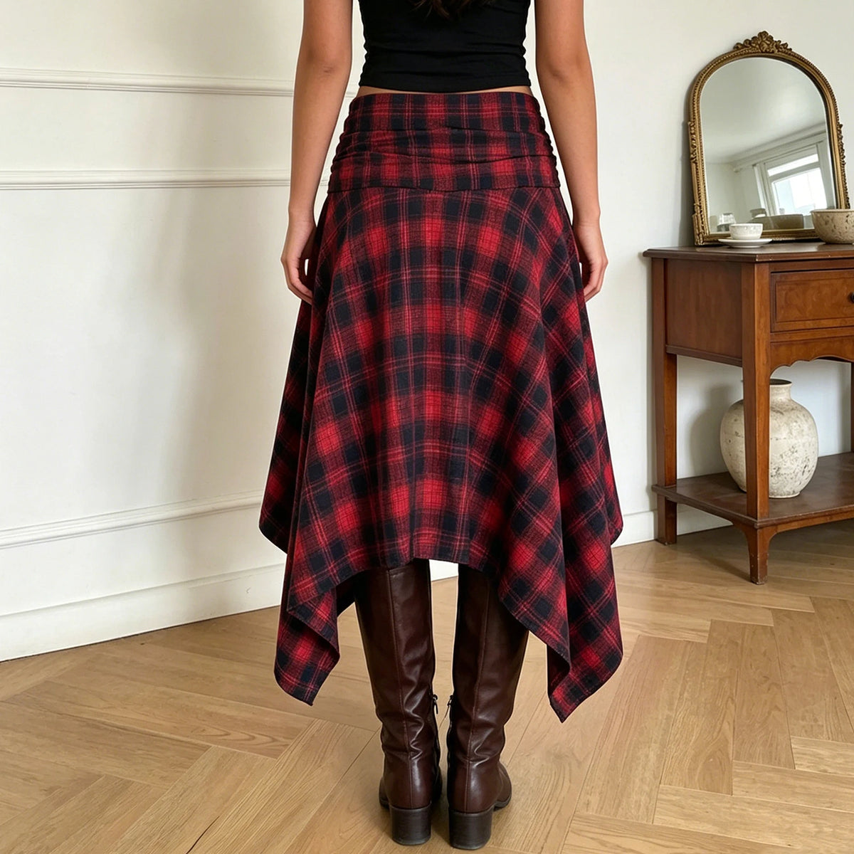 Jupe Midi Vintage Irrégulière Femme – Taille Haute Carreaux Coupe A-Line