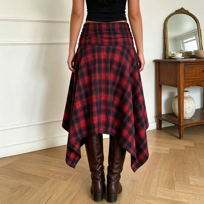 Jupe Midi Vintage Irrégulière Femme – Taille Haute Carreaux Coupe A-Line