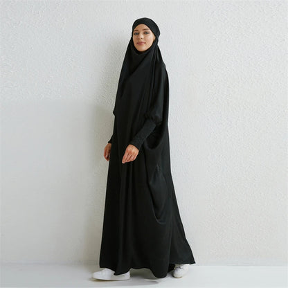 Abaya Musulmane à Capuche – Robe de Prière Femme Manches Smockées, Jilbab Islamique Style Dubaï