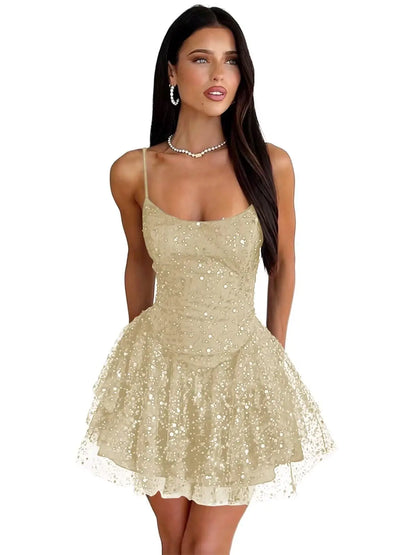 Robe de Soirée Courte À Paillettes – Ligne A, Volants, Sans Bretelles, Bal de Promo & Cocktail