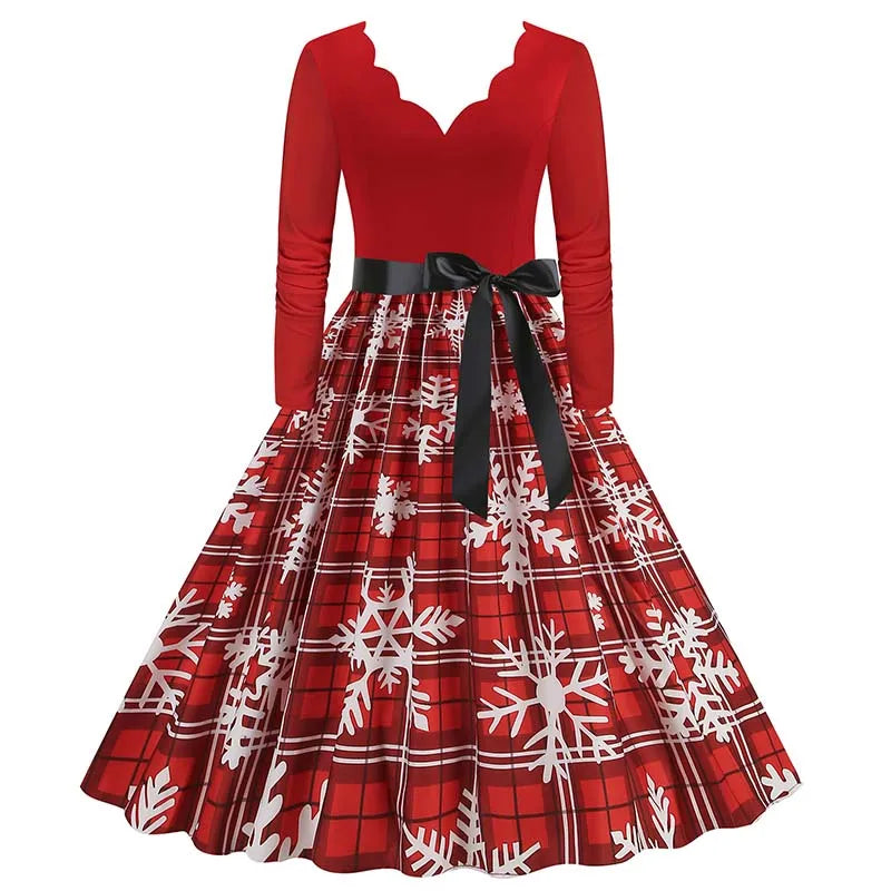 Robe Femme Noël & Fêtes Manches Longues Col V – Style Vintage Ligne A