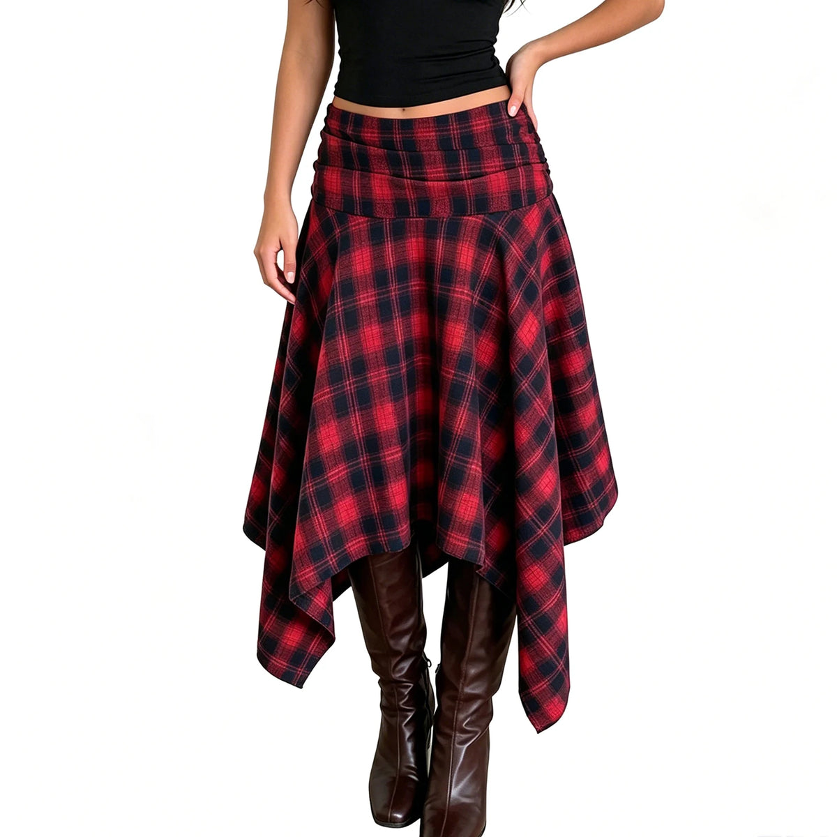 Jupe Midi Vintage Irrégulière Femme – Taille Haute Carreaux Coupe A-Line