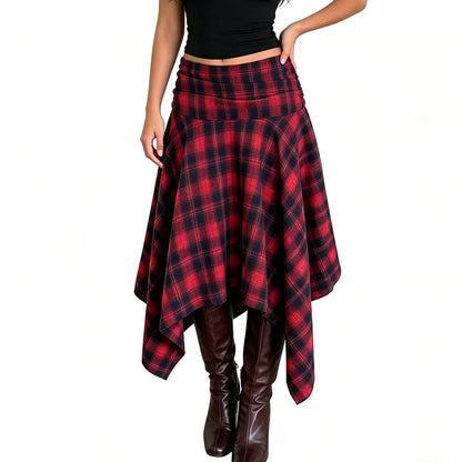 Jupe Midi Vintage Irrégulière Femme – Taille Haute Carreaux Coupe A-Line