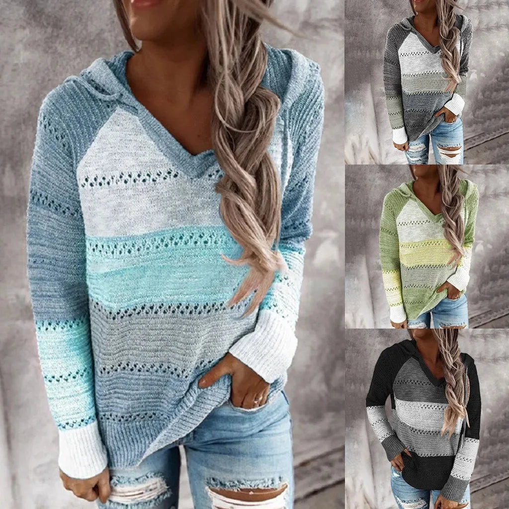 Pull Femme Grande Taille Col Capuche Manches Longues – Tricot Patchwork Crochet