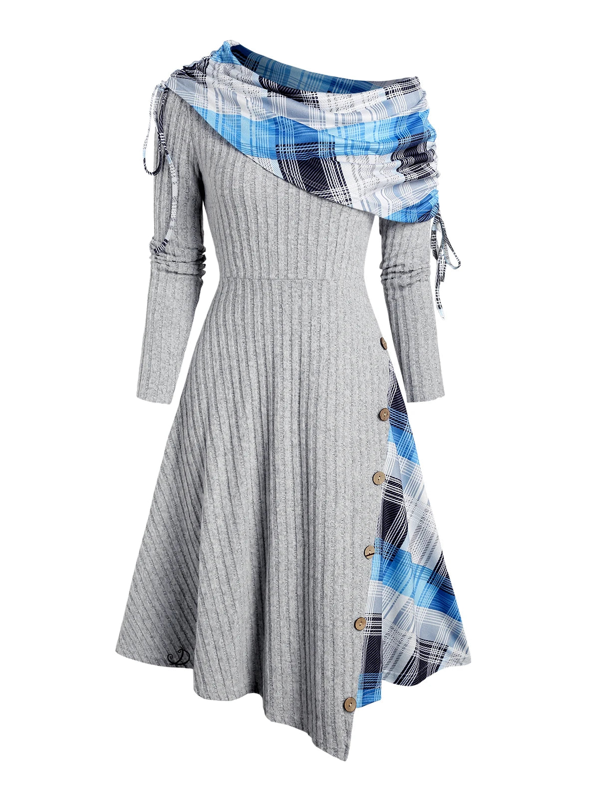 Robe Mi-Longue À Carreaux Épaules Dénudées Patchwork – Tricot Côtelé, Bouttons Déco, Automne-Hiver