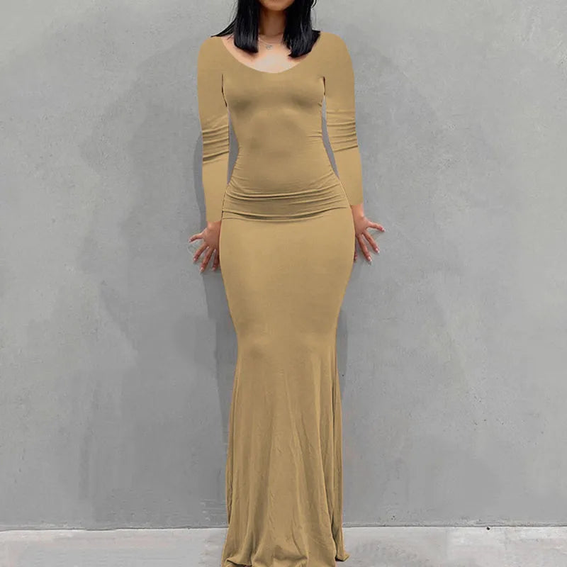 Robe Longue Moulante Femme – Col Rond & Manches Longues