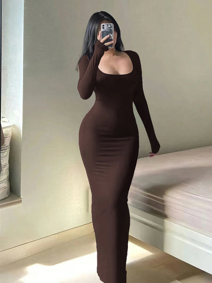 Robe Longue Bodycon Col Carré Manches Longues – Basique Minimaliste Chic