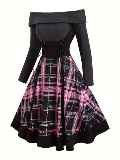 Robe Tricotée Carreaux Épaules Dénudées – Style Vintage, Grande Taille