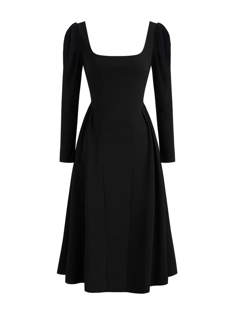 Robe Longue Col Carré Manches Longues – Style Casual Élégant, Toutes Saisons