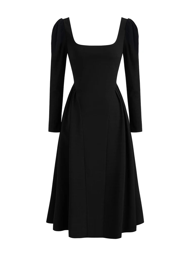 Robe Longue Col Carré Manches Longues – Style Casual Élégant, Toutes Saisons