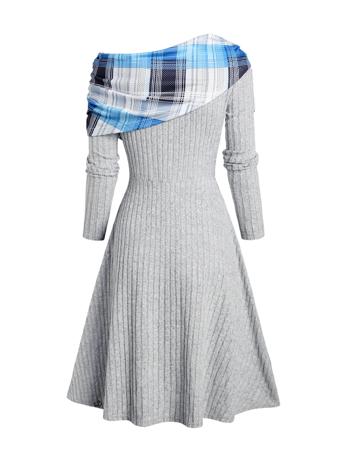 Robe Mi-Longue À Carreaux Épaules Dénudées Patchwork – Tricot Côtelé, Bouttons Déco, Automne-Hiver