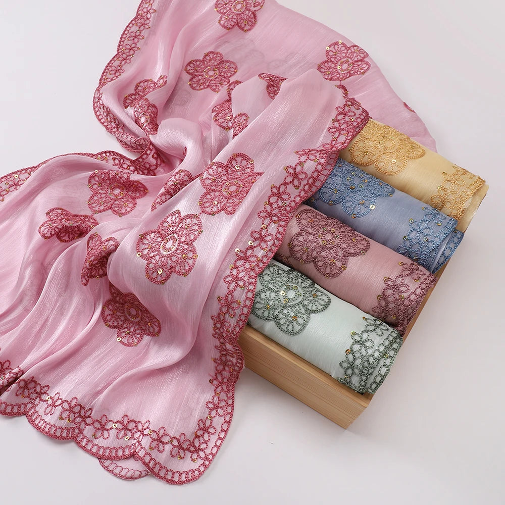 Hijab Paillettes Scintillantes Brodé – Châle Satin Brillant Femme, Foulard Mariage Ramadan 60x170cm