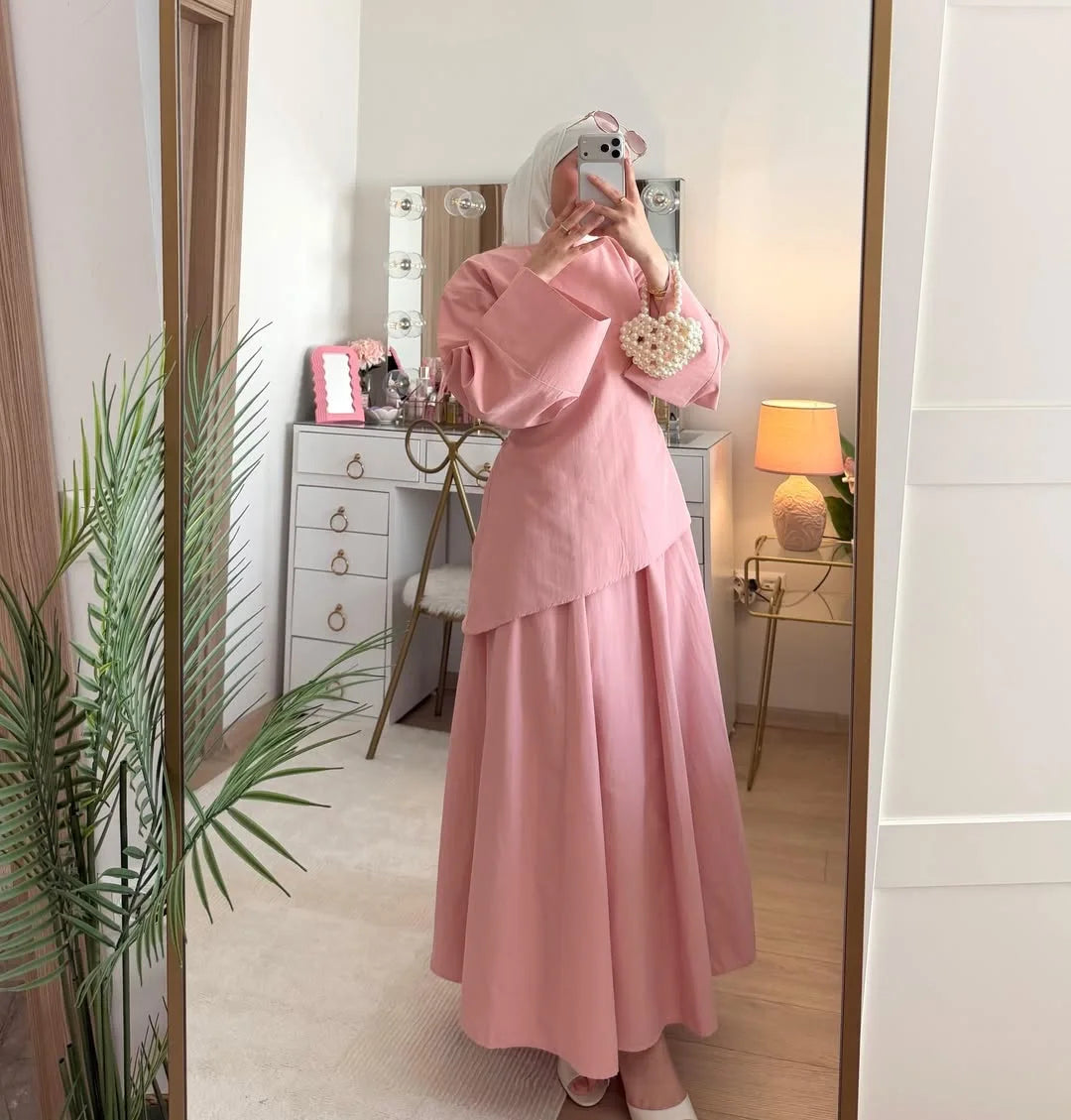 Ensemble Abaya 2 Pièces Femme Musulmane – Tenue Modesté Casual Ramadan Été, Jupe & Top