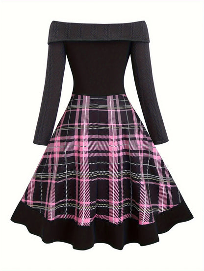 Robe Tricotée Carreaux Épaules Dénudées – Style Vintage, Grande Taille