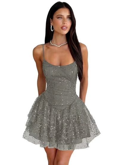 Robe de Soirée Courte À Paillettes – Ligne A, Volants, Sans Bretelles, Bal de Promo & Cocktail