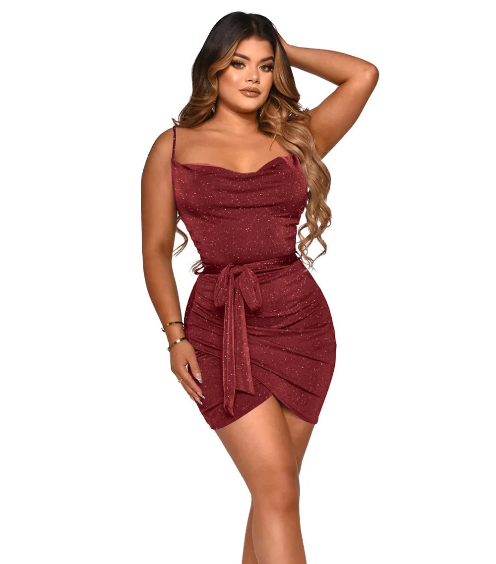Mini Robe Bodycon Femme – Bretelles Spaghetti, Nœud & Drapé
