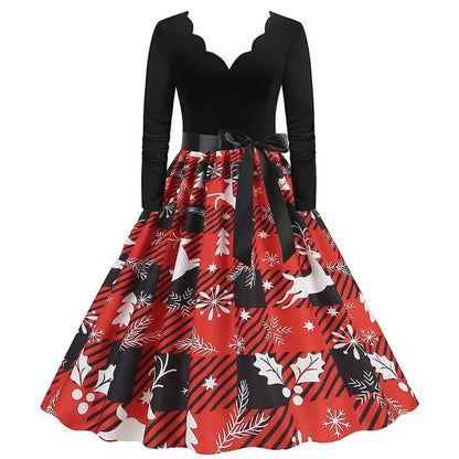 Robe Femme Noël & Fêtes Manches Longues Col V – Style Vintage Ligne A
