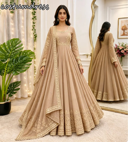 Robe de Soirée Anarkali Ethnique Champagne Avec Dupatta – Style Pakistanais Indien, Grande Taille, Sur Mesure