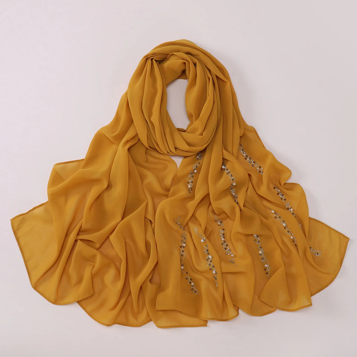 Hijab Chiffon Femme – Foulard Musulman Doux avec Strass & Perles, Voile Été 175x70cm