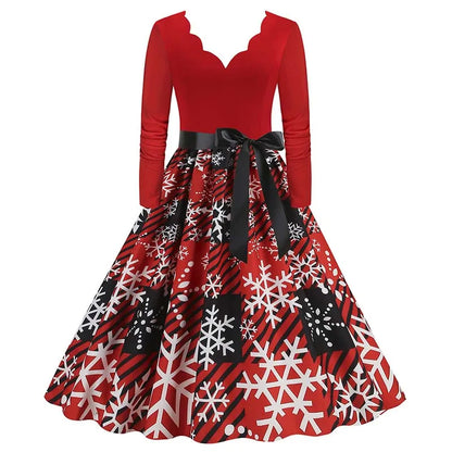Robe Femme Noël & Fêtes Manches Longues Col V – Style Vintage Ligne A