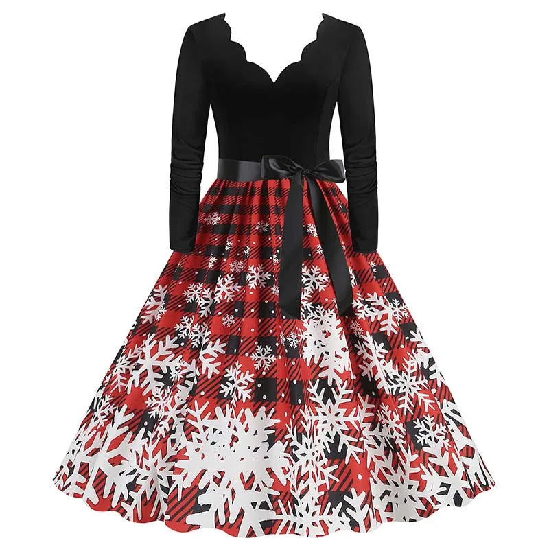 Robe Femme Noël & Fêtes Manches Longues Col V – Style Vintage Ligne A