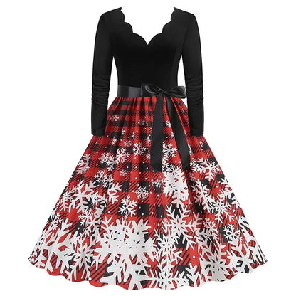 Robe Femme Noël & Fêtes Manches Longues Col V – Style Vintage Ligne A
