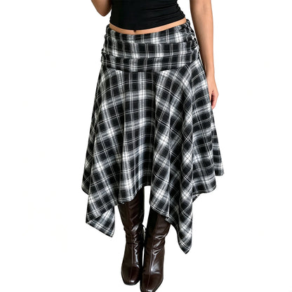 Jupe Midi Vintage Irrégulière Femme – Taille Haute Carreaux Coupe A-Line
