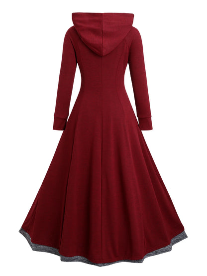 Robe Longue À Capuche Effet Deux Pièces – Manches Longues, Fente, Style Élégant Automne-Hiver