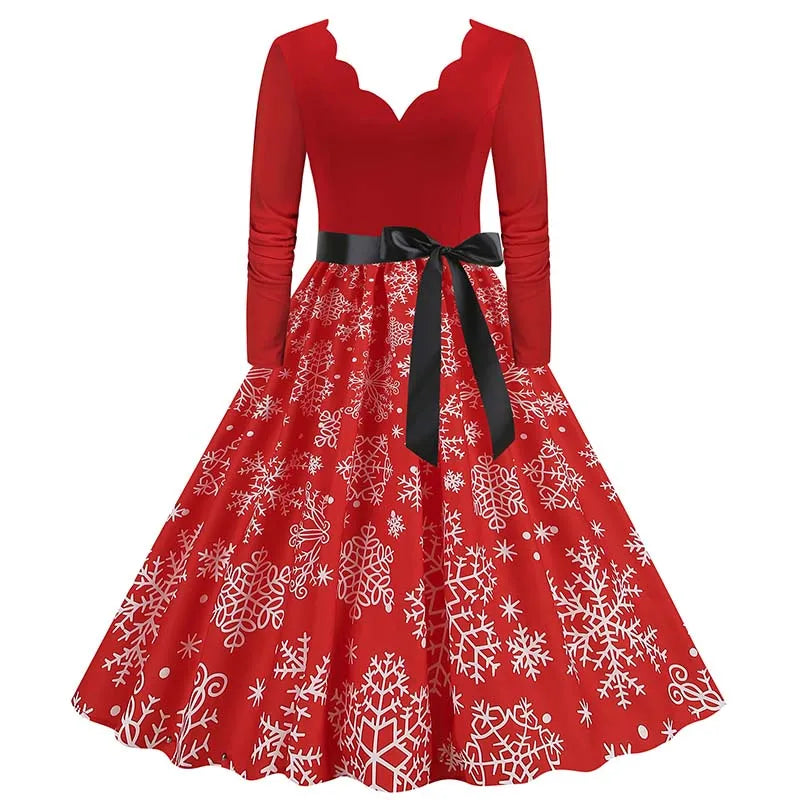 Robe Femme Noël & Fêtes Manches Longues Col V – Style Vintage Ligne A