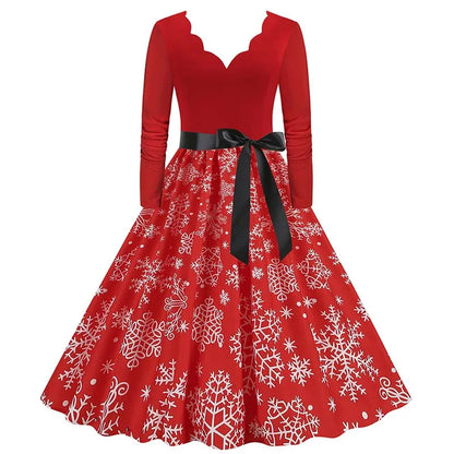 Robe Femme Noël & Fêtes Manches Longues Col V – Style Vintage Ligne A