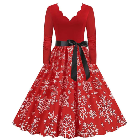 Robe Femme Noël & Fêtes Manches Longues Col V – Style Vintage Ligne A