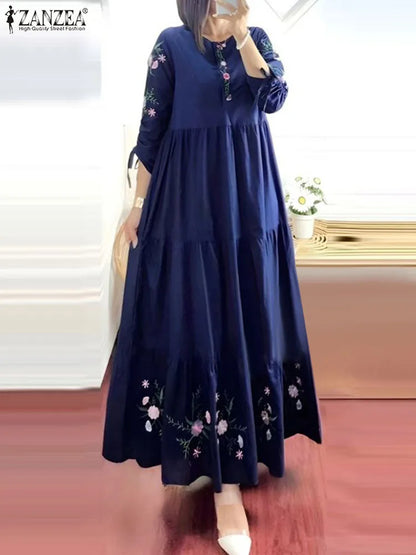 Robe Abaya Kaftan Maxi Imprimé Floral – Manches 3/4, Style Modest & Boémo