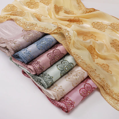 Hijab Paillettes Scintillantes Brodé – Châle Satin Brillant Femme, Foulard Mariage Ramadan 60x170cm