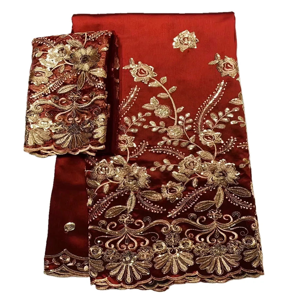 Tissu George Africain Brodé – Dentelle Satin Premium 5+2 Yards