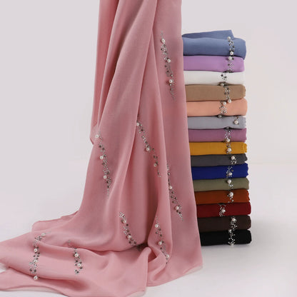 Hijab Chiffon Femme – Foulard Musulman Doux avec Strass & Perles, Voile Été 175x70cm