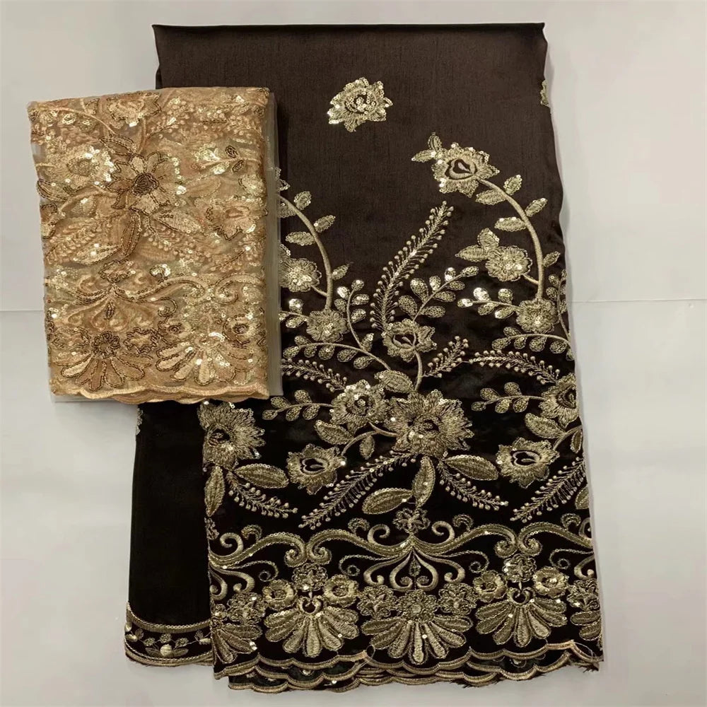 Tissu George Africain Brodé – Dentelle Satin Premium 5+2 Yards