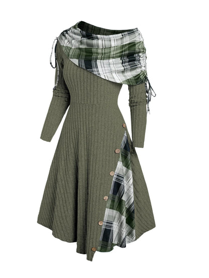 Robe Mi-Longue À Carreaux Épaules Dénudées Patchwork – Tricot Côtelé, Bouttons Déco, Automne-Hiver