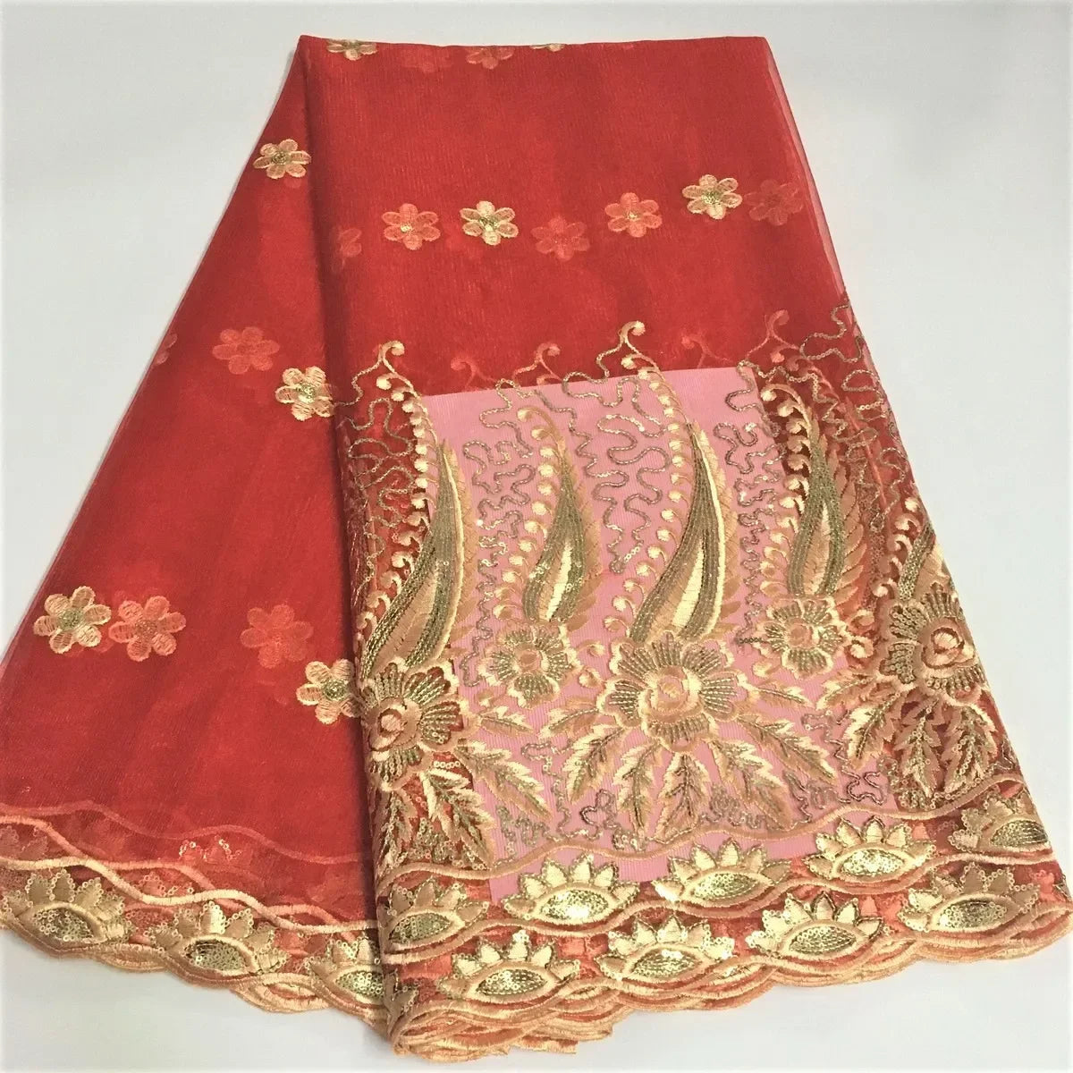 Tissu Dentelle Tulle Africaine Paillettes Dorées – Mariage & Fête, 5 Yards